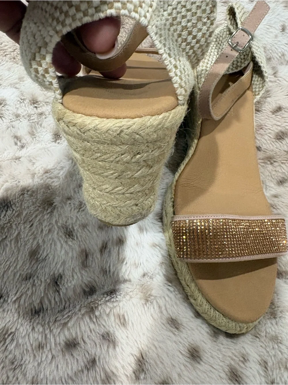 Espadrille Wedge Sandals in Beige with Embellished Strap